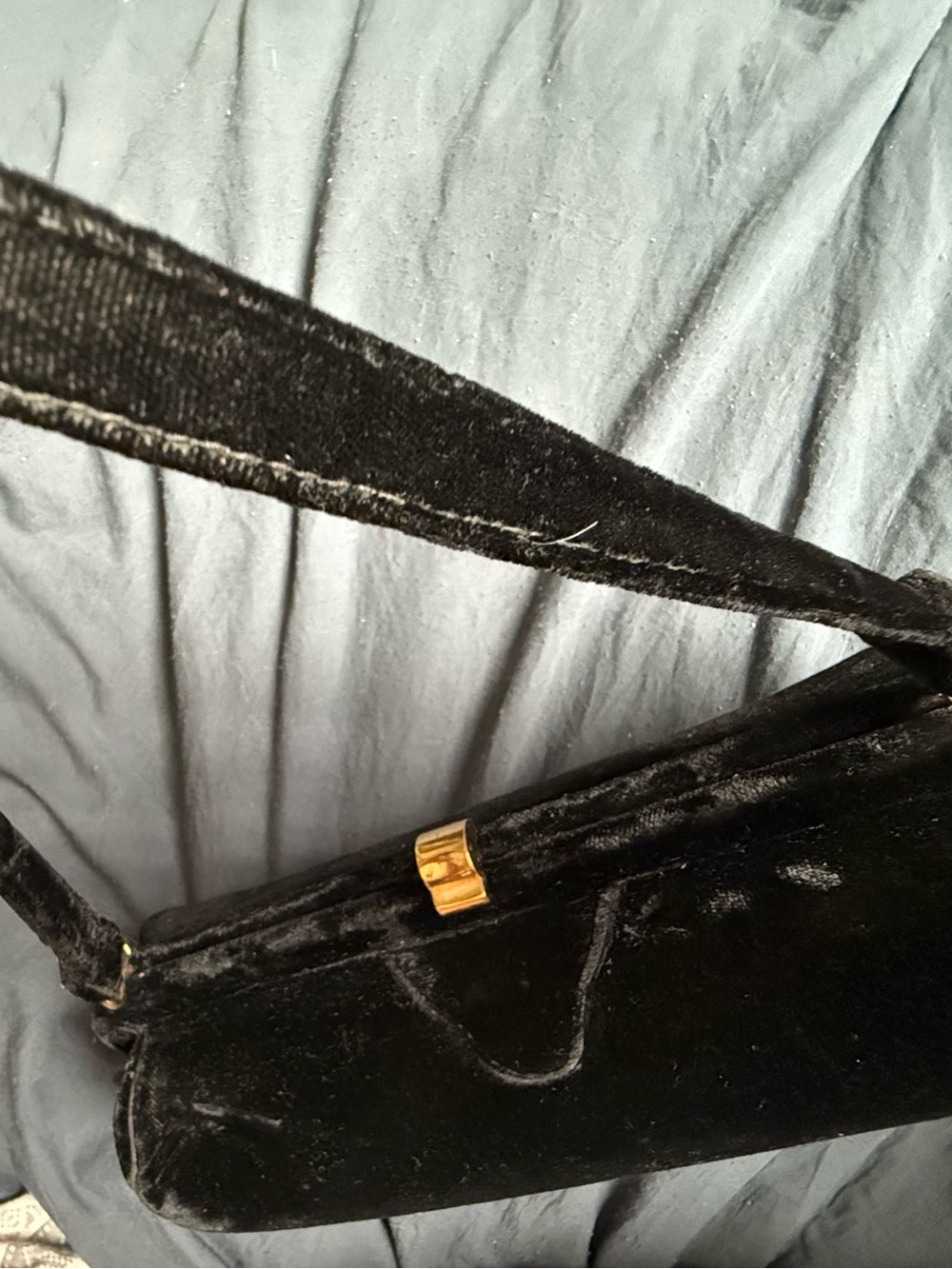 Vintage Black Velvet purse with gold snap clasp original mirror and coin purse